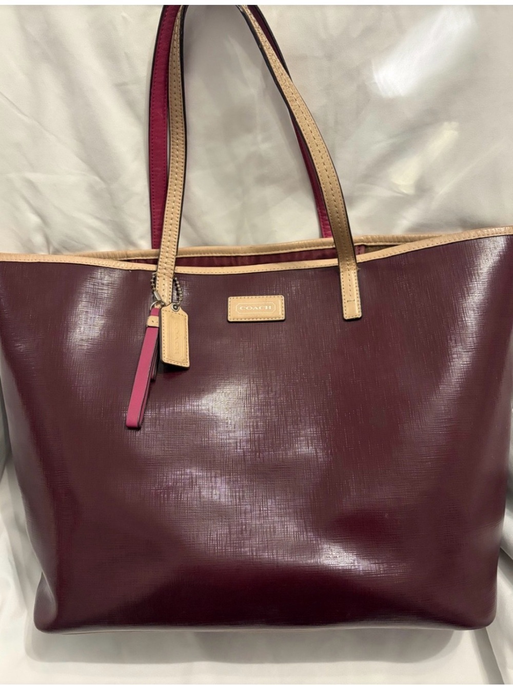 COACH Burgundy Tote with Tan Trim and Pink Tag